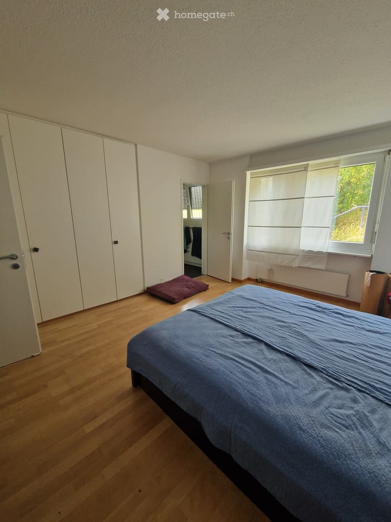 Bedroom with wooden floor, bed with blue bedding, pillow, and a closet with mirrored doors.