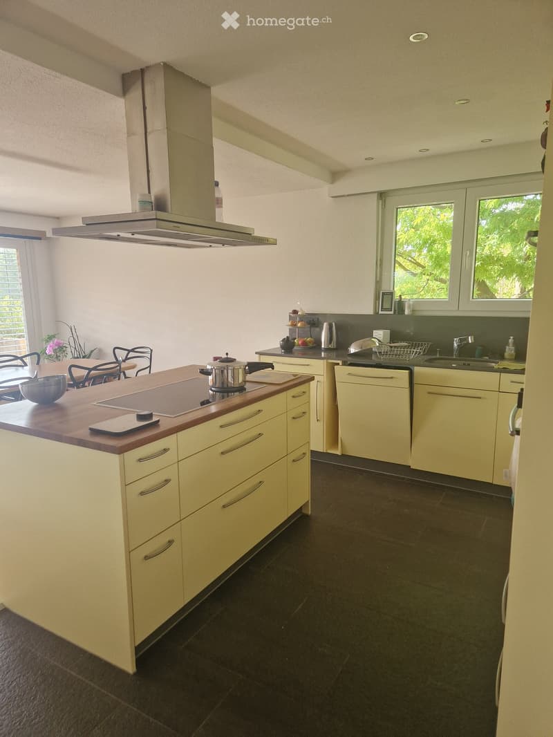 Modern kitchen with light yellow cabinets, dark tiled floor, induction cooktop, and various appliances including a dishwasher and sink.