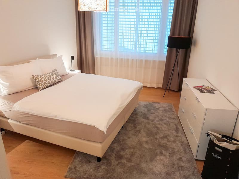 Modern bedroom with a large bed, nightstand, lamp, drawer unit, and a grey rug on the floor.