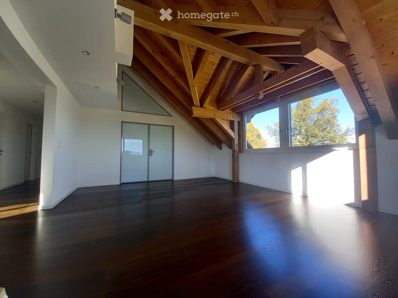 Bright, open attic space with wooden beams, dark hardwood flooring, large skylight window, and a staircase leading up.