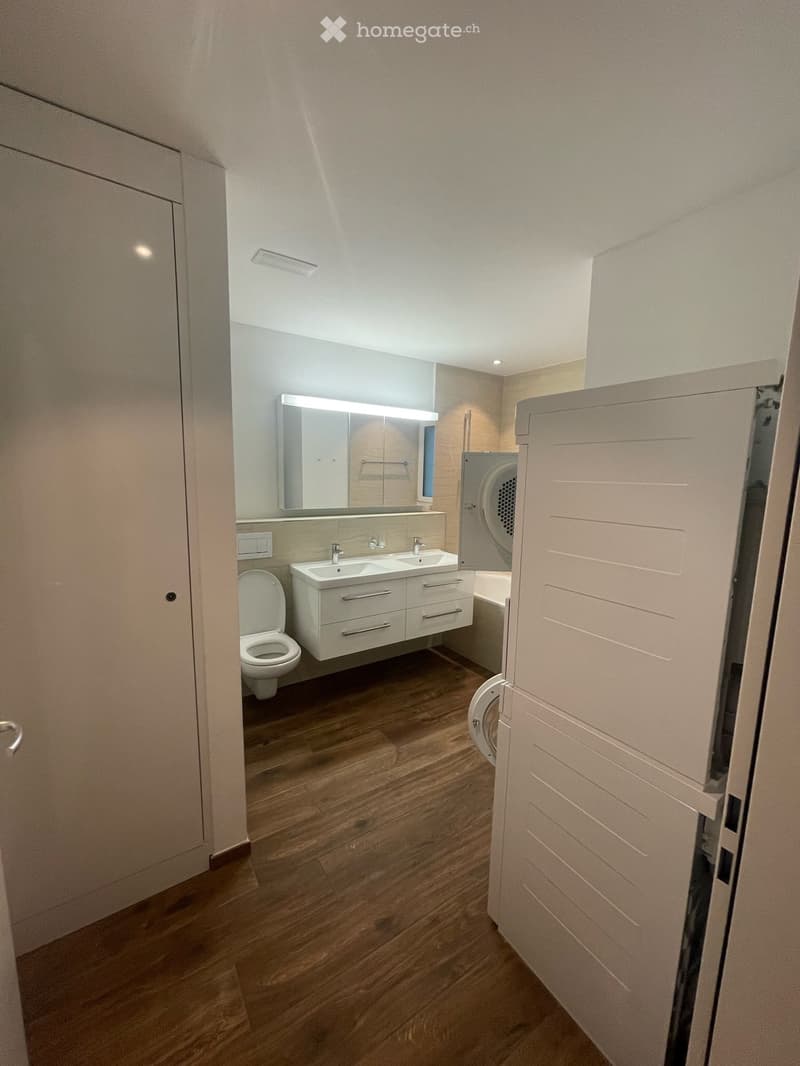 Modern bathroom with wooden flooring, white cabinetry, double sink, toilet, and a large mirror above the sink.