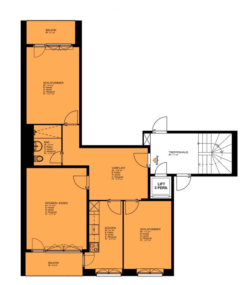Floor plan of a 2-bedroom apartment with a kitchen, living/dining area, bathroom, balcony, and staircase access.