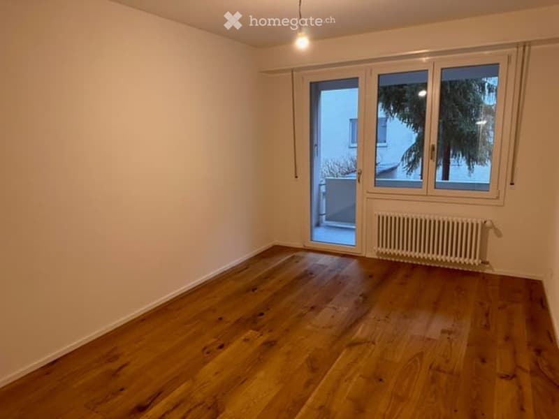 Empty room with wooden flooring, white walls, large window with sliding glass door leading to a balcony, radiator, and a single hanging light fixture.