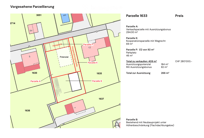 Floor plan showing multiple plots (Parzelle A, B, K, P) with designated areas for parking, potential development, and existing structures.