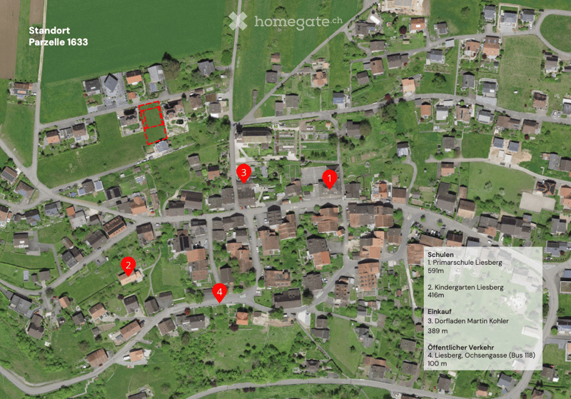 Aerial view of a residential area with multiple houses, roads, and green spaces. Marked locations indicate specific points of interest.