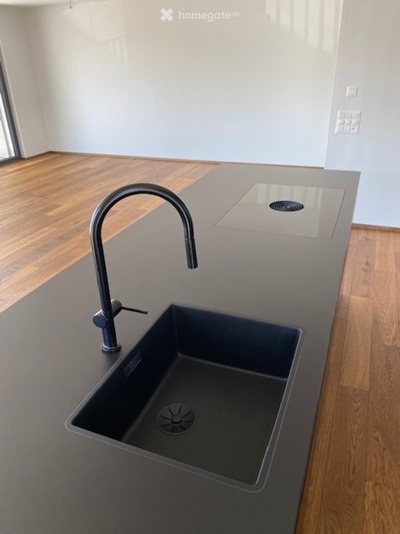 Modern kitchen with a sleek, dark grey countertop, a single-basin sink, and a contemporary faucet. The floor is made of light wood, and the walls are white.