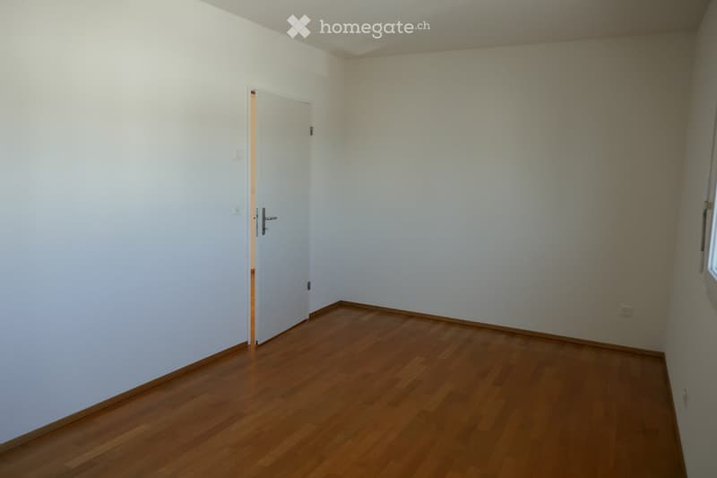 Empty room with light-colored walls and wooden flooring, featuring a single white door leading to another space.
