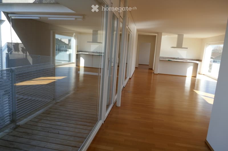 Bright, modern hallway with wooden flooring, large glass doors leading to a balcony area, and a view of a kitchen area with white cabinets and a countertop.