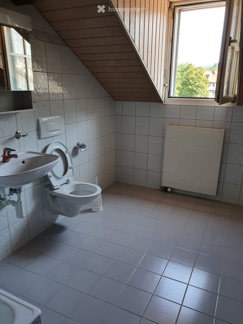 Modern bathroom with white tiles, a toilet, a sink, and a radiator. The room features large windows with a view of greenery outside.