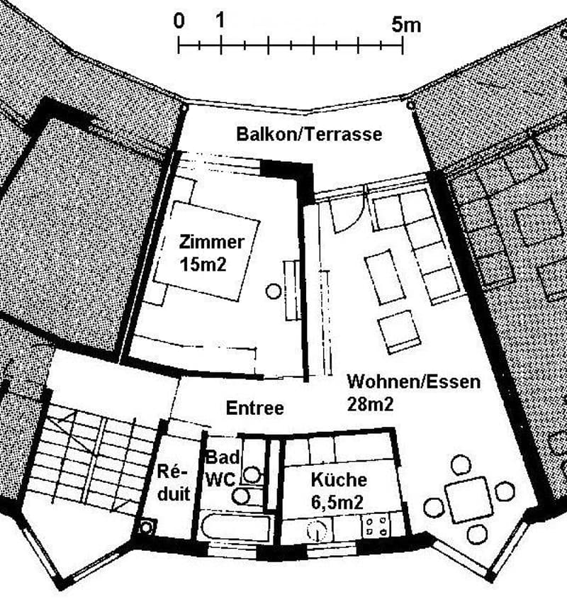 Bedroom, living/dining room, bathroom, kitchen, balcony