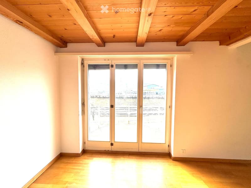 empty room, wooden floor, white walls, large glass doors, wooden ceiling, view of the outside