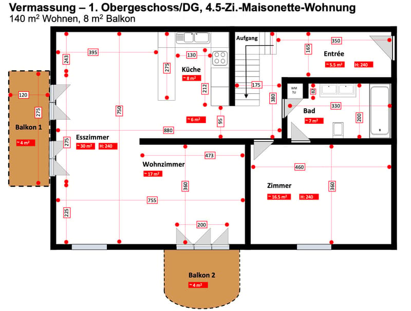 entrance hall, kitchen, living room, 3 bedrooms, 2 bathrooms, 2 balconies