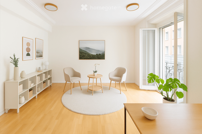 Modern living room with light wooden flooring, white walls, and large windows leading to a balcony. Features include a round white rug, two armchairs, a small coffee table, a shelf with decorative items, and artwork on the walls.