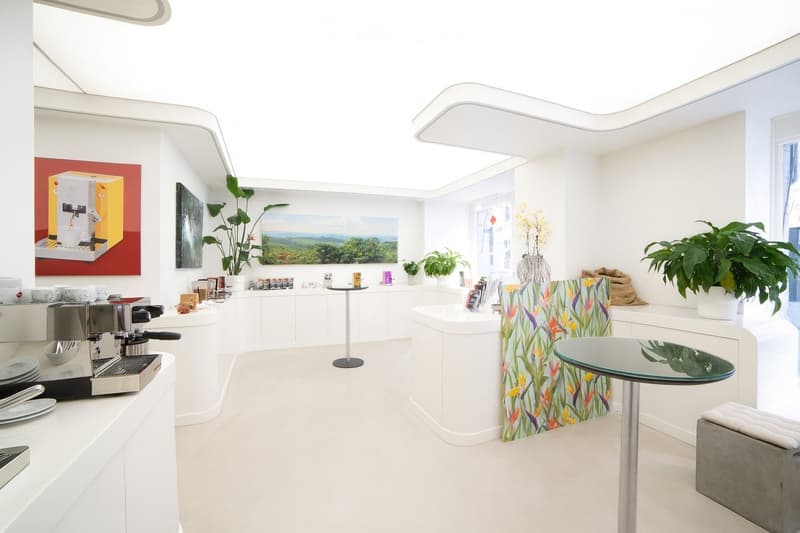 Modern, minimalist kitchen with white cabinets, a coffee machine, a small round table, and decorative plants.