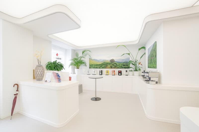 Modern reception area with white walls, a reception desk, a small round stool, decorative vase, umbrella, brochures, coffee machine, and potted plants.