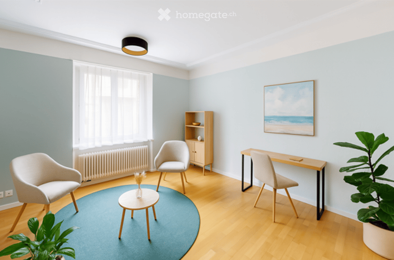 Bright, modern living room with light blue walls, wooden flooring, and large windows. Features include a round blue rug, white chairs, a small coffee table, a desk with a chair, a wooden cabinet, and a potted plant.