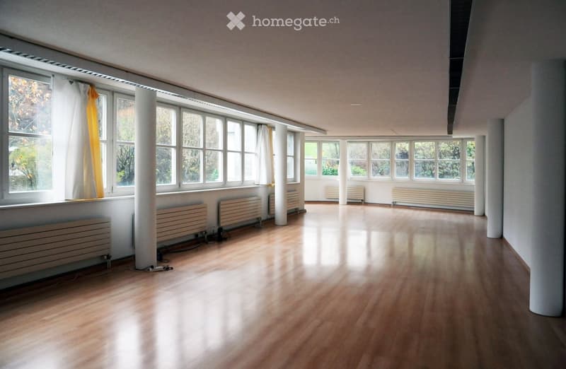 Empty room with wooden flooring, large windows, radiators, and white walls. No furniture or equipment present.