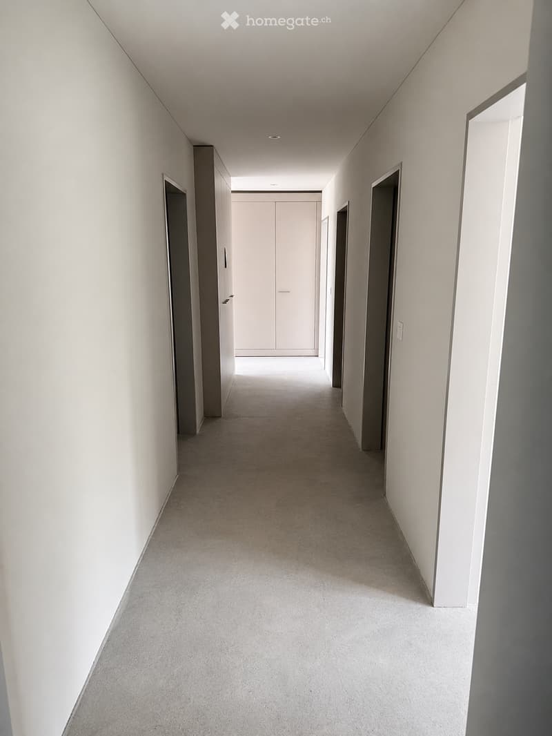 A modern, minimalist hallway with white walls, a smooth concrete floor, and several closed doors on both sides.