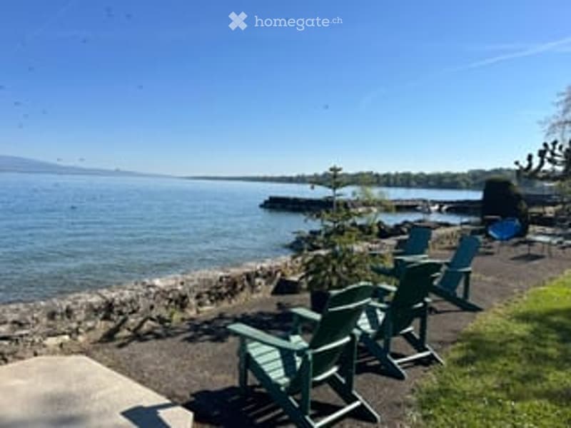Seaside outdoor patio with a view of the water, featuring green Adirondack chairs, a small table, and a potted plant.