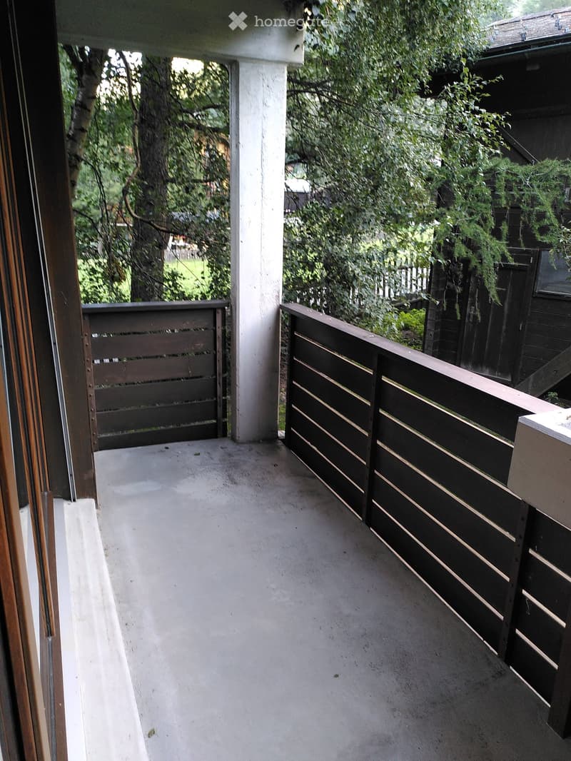 Balcony with concrete floor, dark wooden railings, and lush greenery in the background.