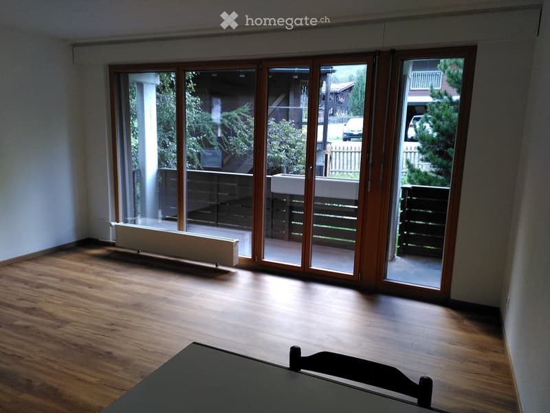 Empty room with wooden flooring, large sliding glass doors leading to a balcony, radiator under the window, and a small portion of a black table visible in the foreground.
