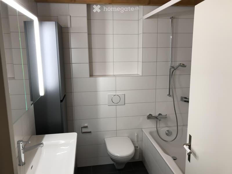 Modern bathroom with white tiles, a sink with a chrome faucet, a toilet, a bathtub with a handheld showerhead, and a mirrored cabinet with built-in lighting.