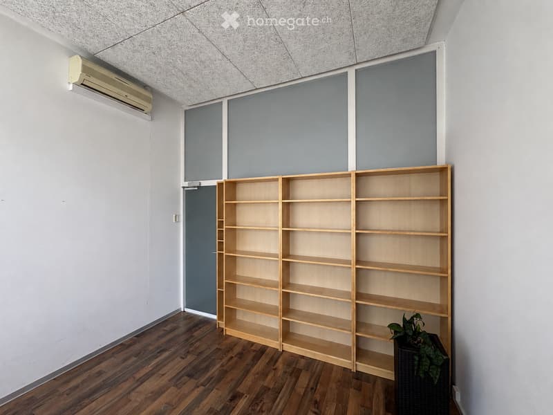 A modern, minimalist room with light wooden flooring, white walls, and a large wooden bookshelf unit. A small potted plant is placed on the floor near the bookshelf.