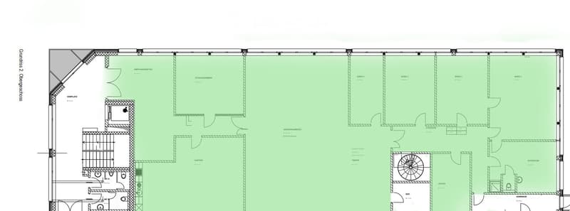 Floor plan of a two-story building with labeled rooms including offices, a kitchen, a reception area, and a staircase leading to the upper floor.