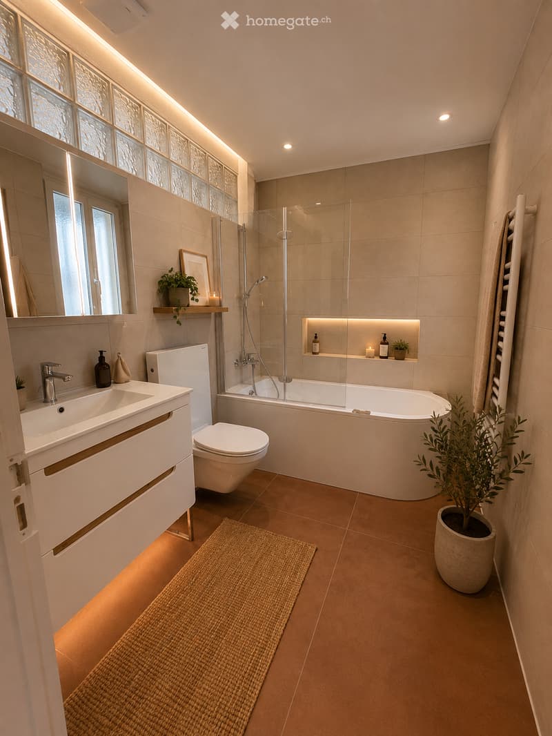 Modern bathroom with a white sink, toilet, bathtub, and a large mirror. Features include a towel rack, decorative plants, and ambient lighting.