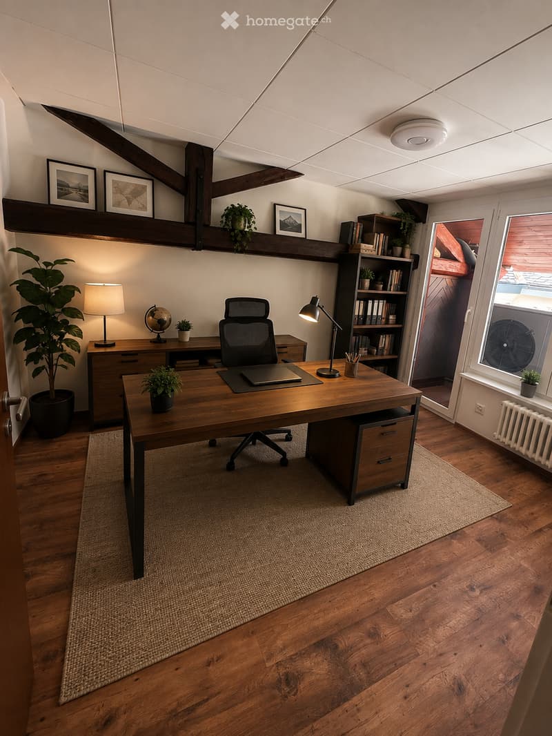 Cozy, well-lit study or home office with wooden flooring, a large wooden desk, ergonomic chair, laptop, globe, bookshelf, and potted plants. The room features warm lighting from a table lamp and additional natural light from a window with a view.
