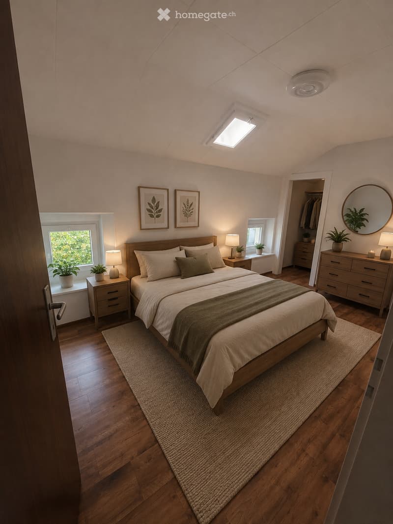 Cozy bedroom with wooden flooring, a large bed with white bedding and green throw, nightstands with lamps, a round mirror, and potted plants on windowsills and furniture.