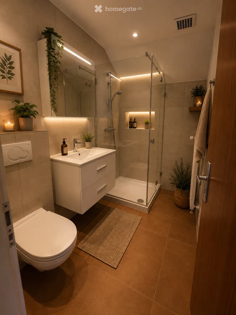 Modern bathroom with a toilet, sink, mirror, and glass-enclosed shower. Features include built-in lighting, a small plant, and a candle on the counter.