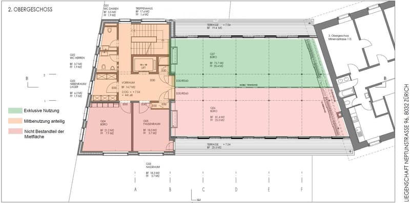 Floor plan of the second upper floor showing multiple rooms including offices, a lounge area, and a terrace.