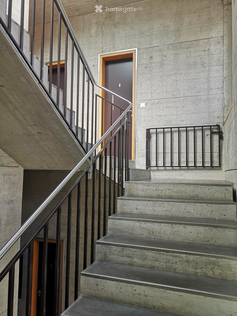 Concrete staircase with metal railings, leading to a doorway with a dark finish.