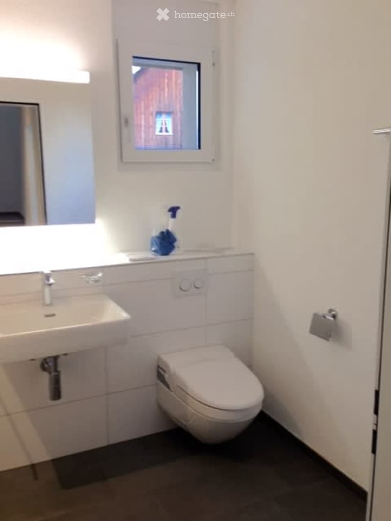 Modern, compact bathroom with white tiles, a sink, toilet, and a small window. Cleaning spray is placed on the sink counter.