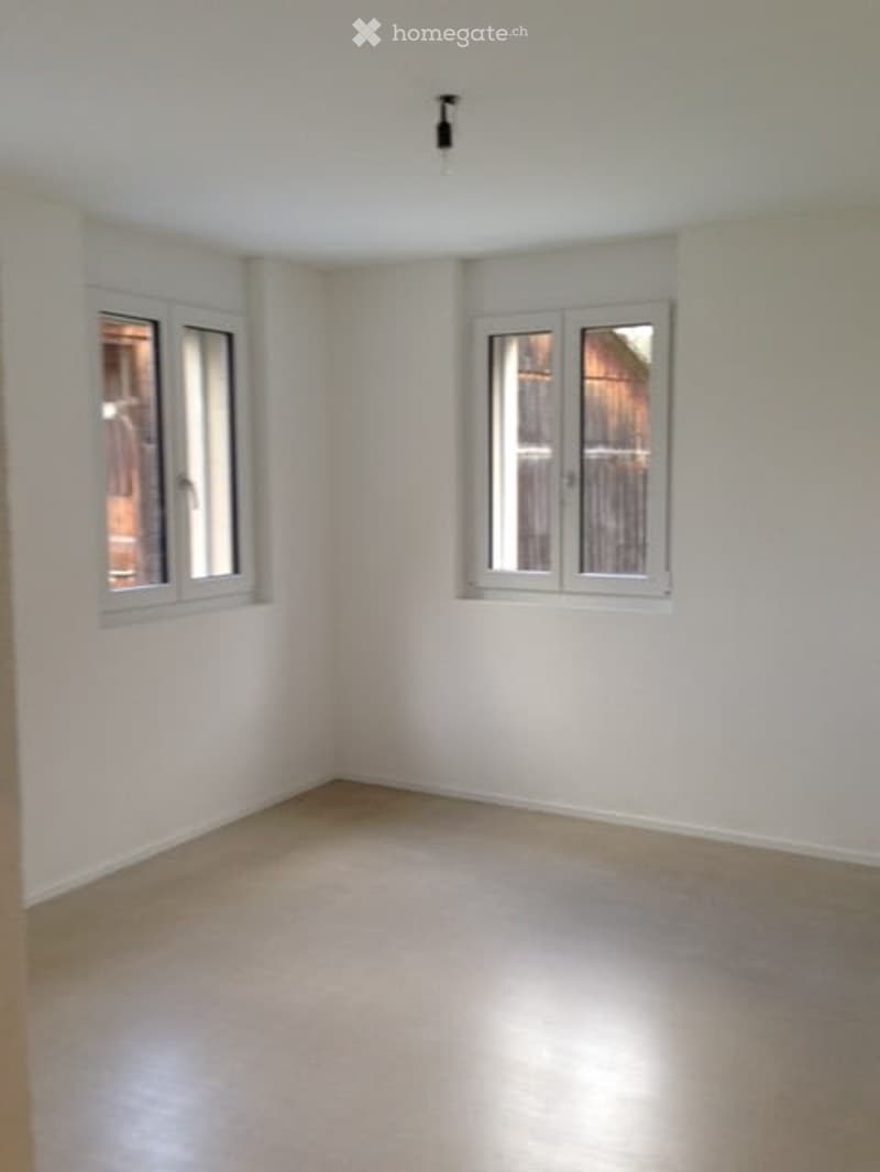 Empty room with white walls, wooden floor, and two windows with white frames.