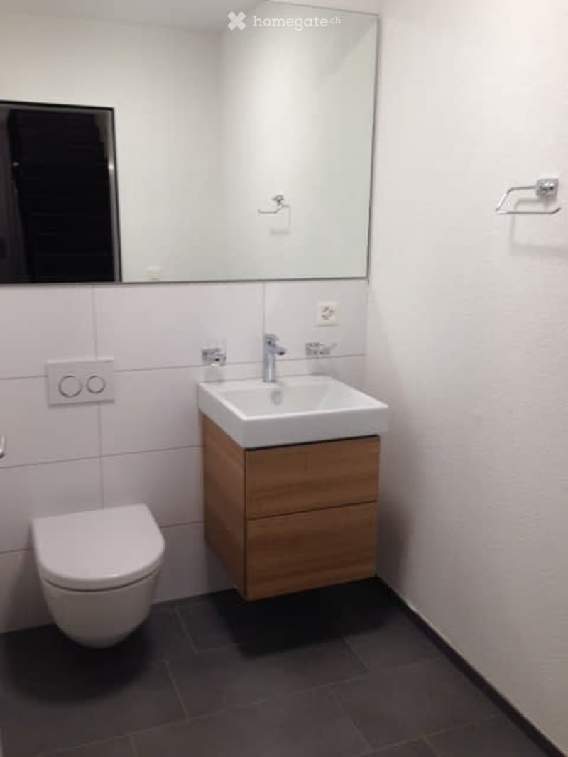 Modern bathroom with white tiles, dark floor, wooden cabinet under sink, large mirror, and toilet.