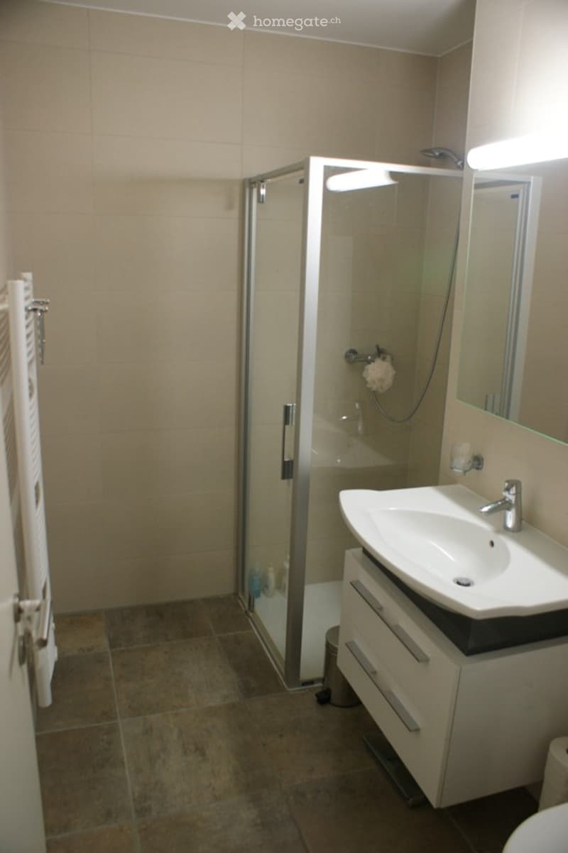 Modern bathroom with a white sink, mirror, glass-enclosed shower, and towel rack. Beige tiles and a clean, contemporary design.