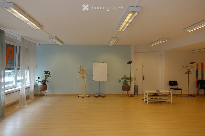 Bright, empty room with wooden flooring, large windows with white curtains, a whiteboard, skeleton model, small table with plants, and a coat rack.