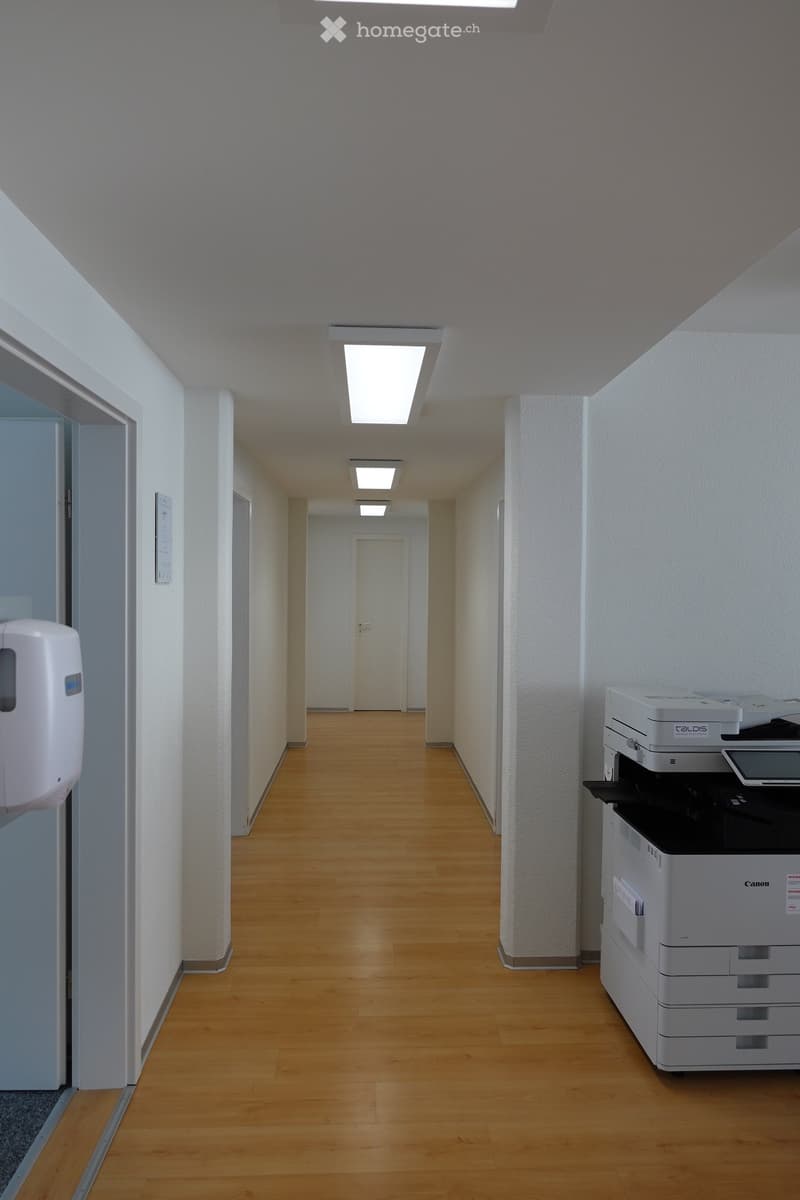 Clean, well-lit hallway with wooden flooring, white walls, and a printer on the right side.