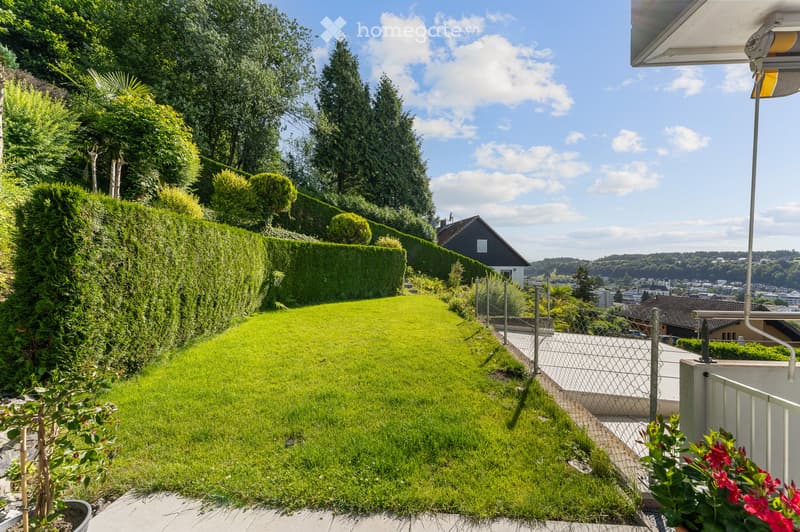 A well-maintained garden with a neatly trimmed hedge, a lawn, and a metal fence leading to a view of a town and surrounding greenery.
