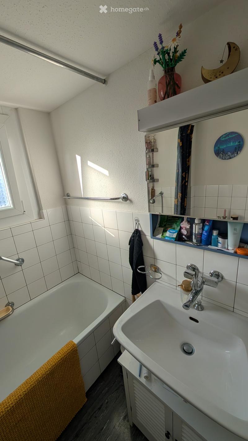 Bathroom with a bathtub, sink, mirror, and various toiletries. Features a window with a view, a towel on the edge of the bathtub, and a vase with flowers on the windowsill.