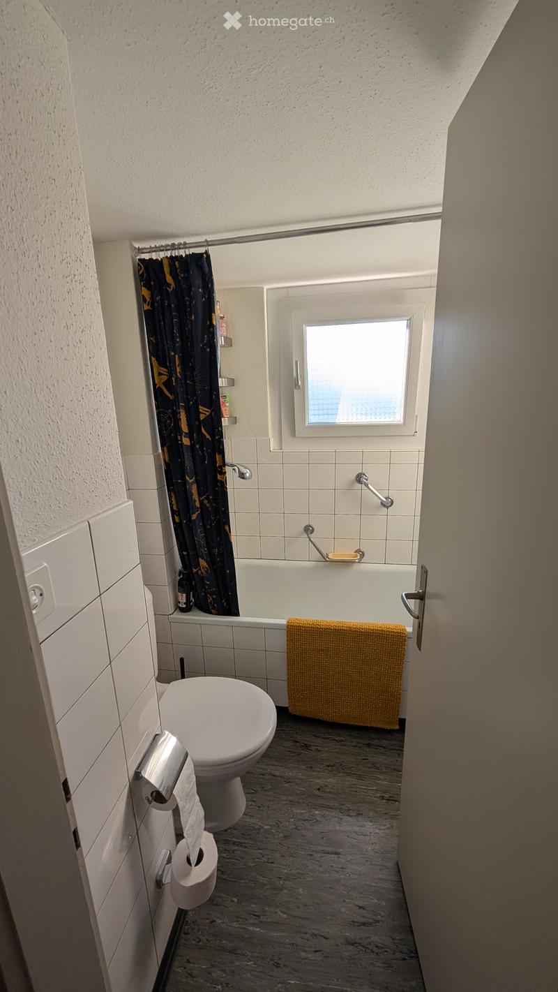 Bathroom with a toilet, bathtub, towel, toilet paper, and a shower curtain. The room has tiled walls and a window with a view.