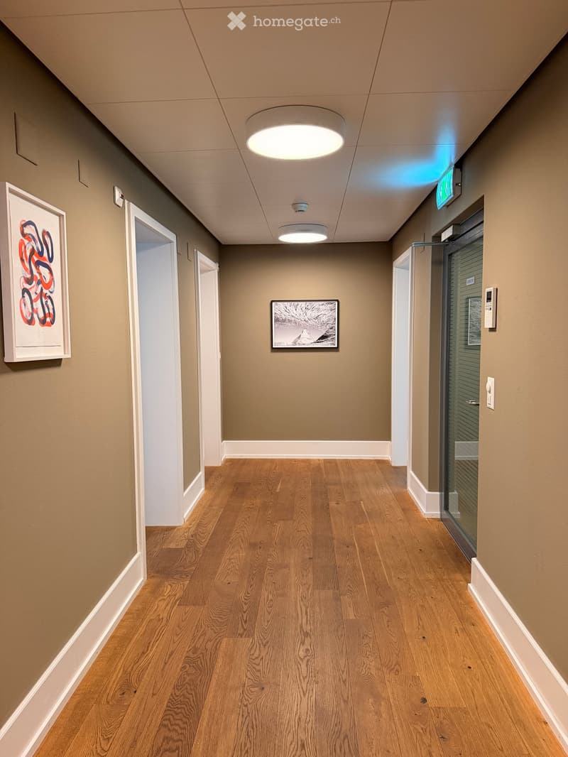 Modern hallway with wooden flooring, beige walls, recessed lighting, and framed artwork on the walls. Features glass doors and white baseboards.