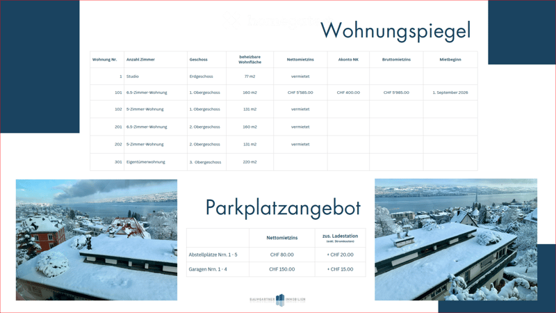 A webpage displaying rental listings and parking options for a residential building, with a snowy outdoor view of the building and surrounding area.