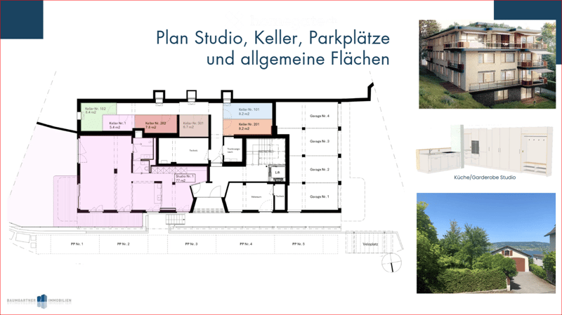 Floor plan showing a studio, basement, parking spaces, and common areas. Includes labeled rooms, garages, and parking spots.