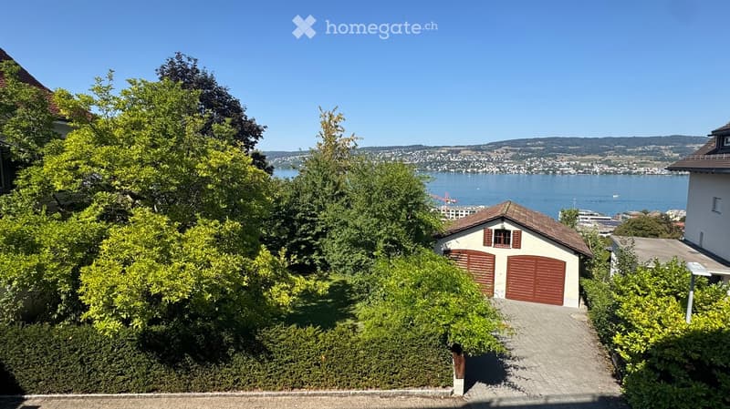 A view of a house with a garage, surrounded by greenery, overlooking a lake and distant hills.
