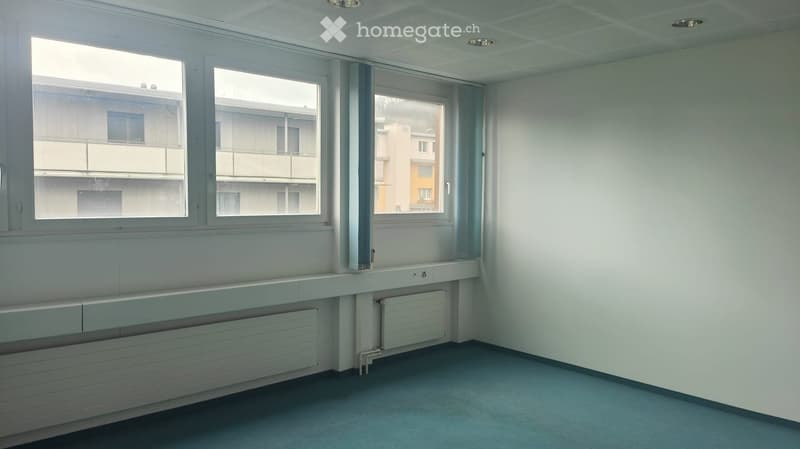 Empty room with white walls, blue carpet, large windows, radiators, and a white ceiling with recessed lighting.