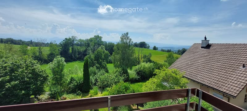 A scenic view from a balcony or terrace overlooking a lush green landscape with fields, trees, and a distant mountain range under a partly cloudy sky.