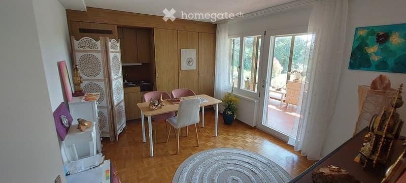 Bright dining area with wooden flooring, large windows, and a sliding glass door leading to a balcony. Features a dining table with chairs, a kitchen area with cabinets, and decorative items including a painting and a vase with flowers.